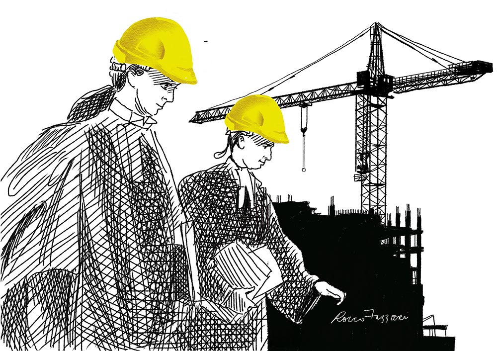Image by Rocco Fazzari of two Barristers in court dress wearing construction hard hats over their wigs with a construction site in the background