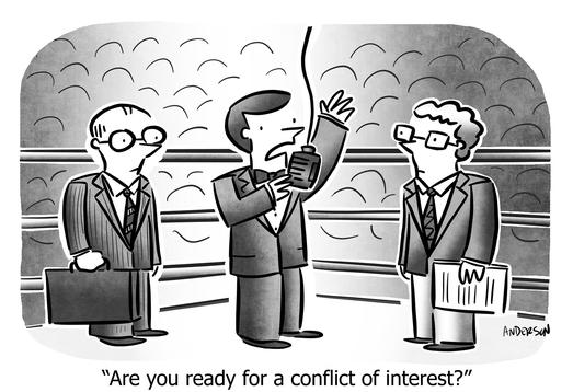Cartoon of lawyers in boxing ring with announcer speaking into microphone with caption underneath saying: 'Are you ready for a conflict of interest?'
