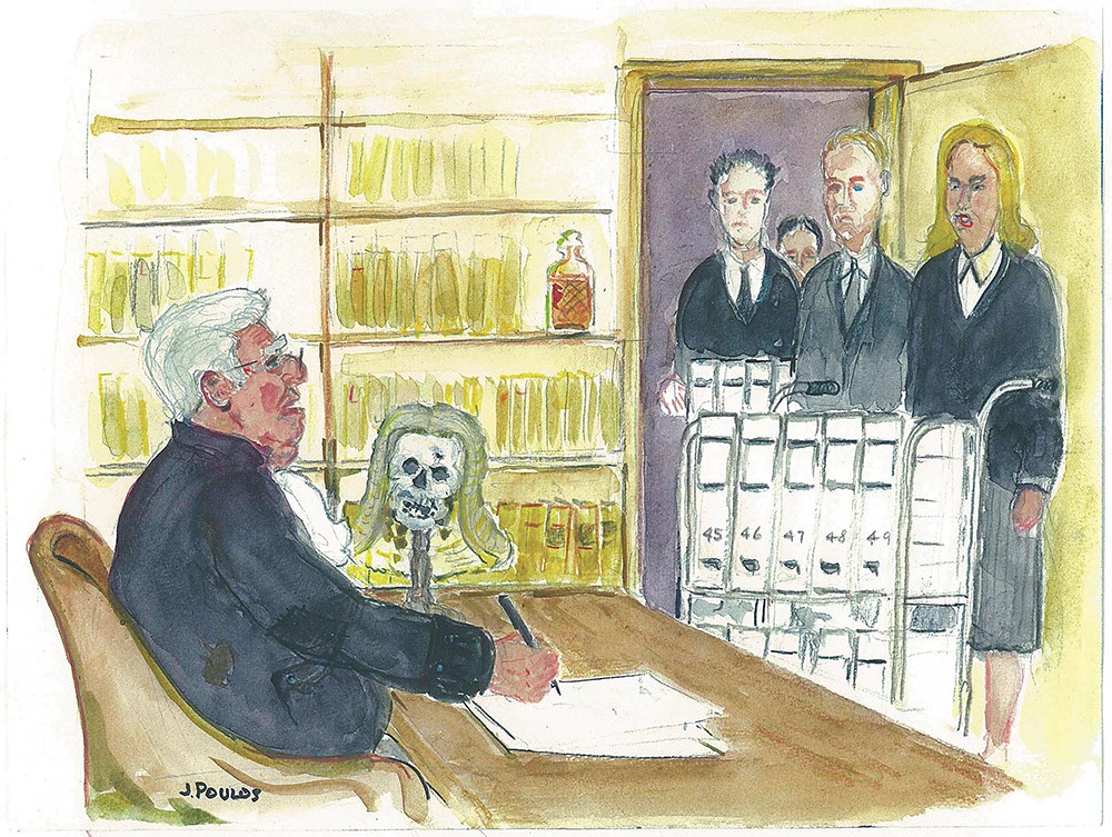 Painting by J Poulos depicting an older man seated at a desk in his office, appears to be a barristers chambers with bookshelves on the walls, a human skull as a wig stand is on the desk and a decanter on one of the shelves. A group of people with two document trollies stand in the doorway.