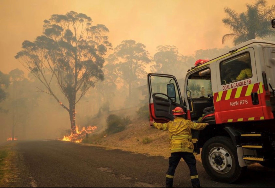 Image of RFS Senior Deputy Captain Josh Beran arriving at a fire at Bargo on December 19 an RFS fire truck is in the foreground and eucalypus trees on fire in the background.