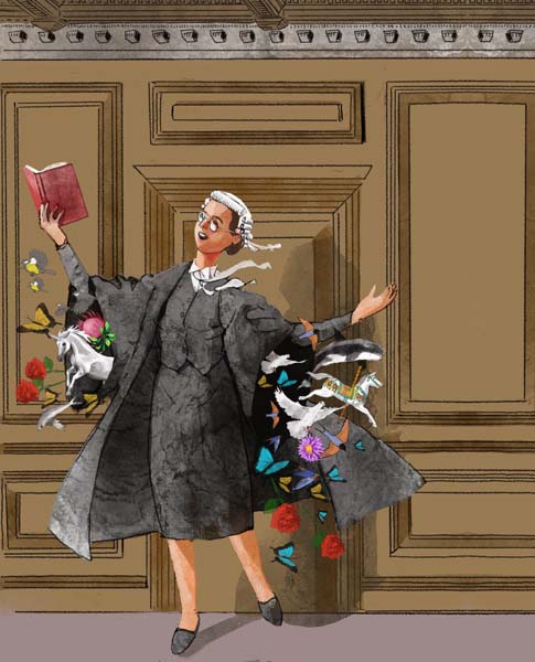 Lady barrister with various allusions coming from her robe caricature