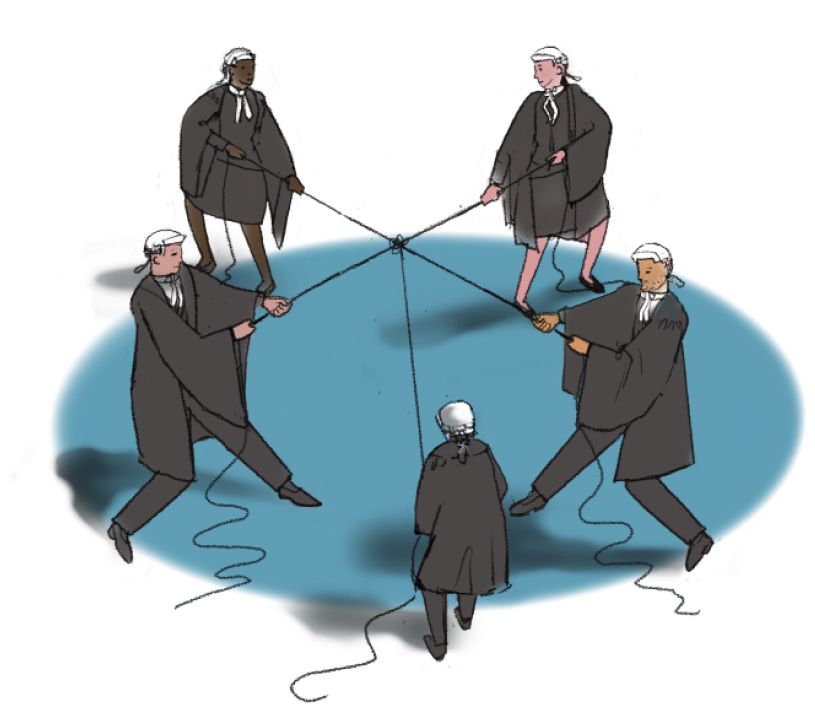 artist illustration of barristers pulling ropes by Rocco Fazzari